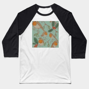 Robin, holly and mistletoe continuous line Baseball T-Shirt